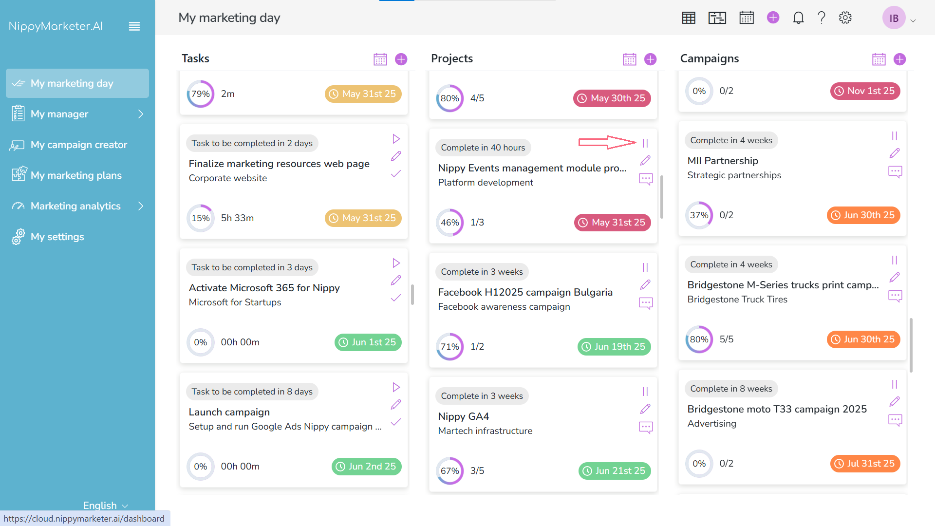 Pause a project in Nippy my marketing day dashboard 20250531 Спиране на проект в Nippy Моят Маркетинг Ден дашборд 20250531