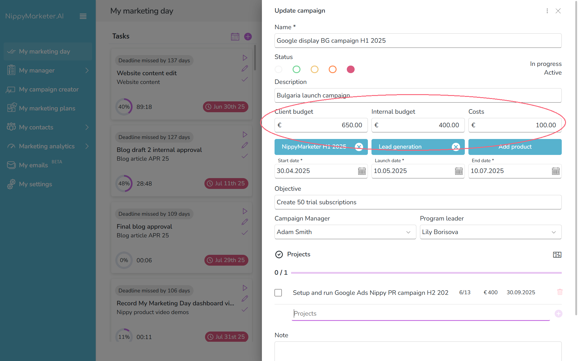 20251114 Campaign form in NippyMarketer 20251114 Kampagnenformular in NippyMarketer