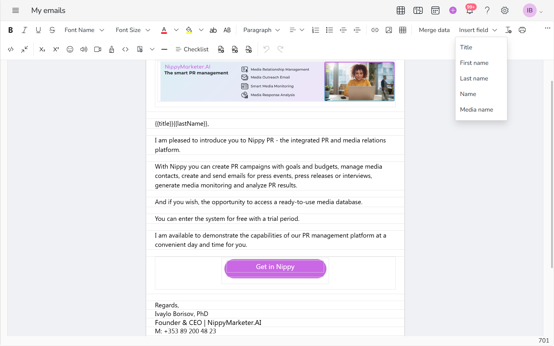 20260401 Nippy marketer PR email personalization tags
