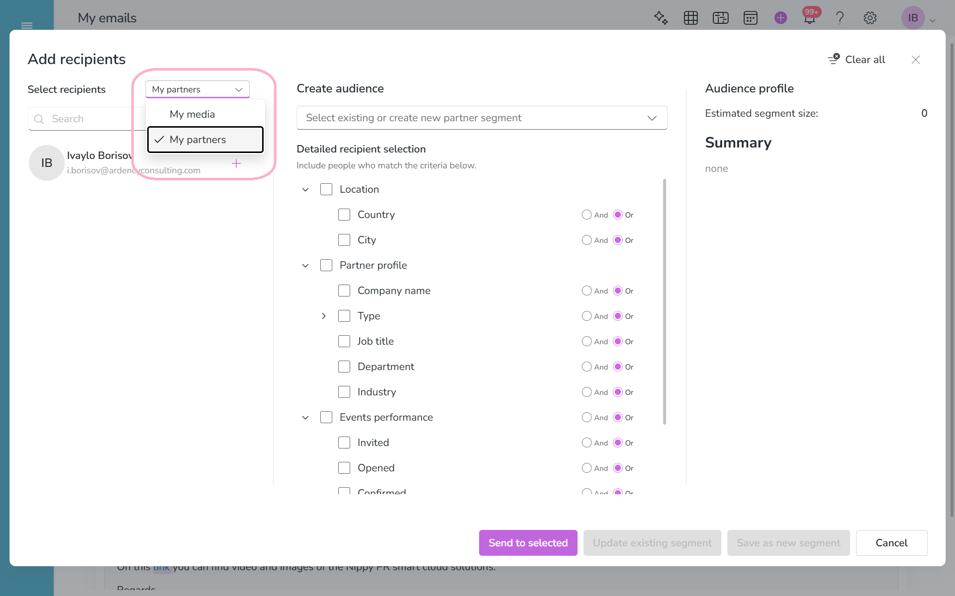 Select partners database for recipients in Nippy email 20260630 Избор на база данни с партньори за получатели в Nippy Email 20260630